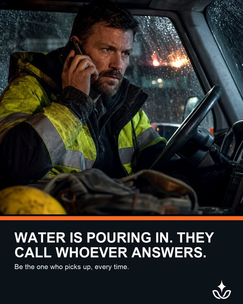 Ad: a contractor on the phone in his truck at night in the rain. Water is pouring in. They call whoever answers.
