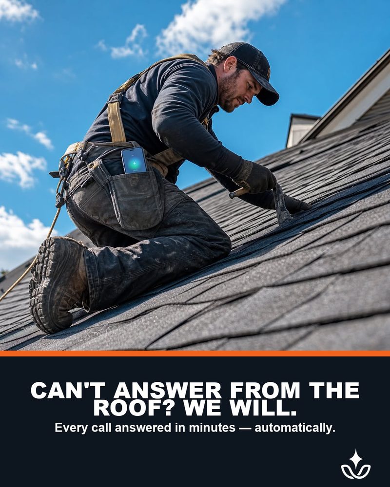 Ad: a roofer on a pitched roof with his phone in his pocket. Can’t answer from the roof? We will.